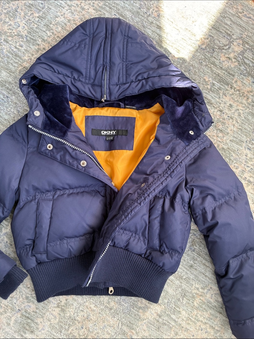 DKNY Navy Puffer Hooded Coat w/ Orange Lining & Trim. Excellent Condition. 7/8